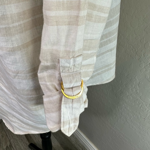 Ellen Tracy striped women's top 100% Linen collared long sleeve Sz L - Picture 2 of 8